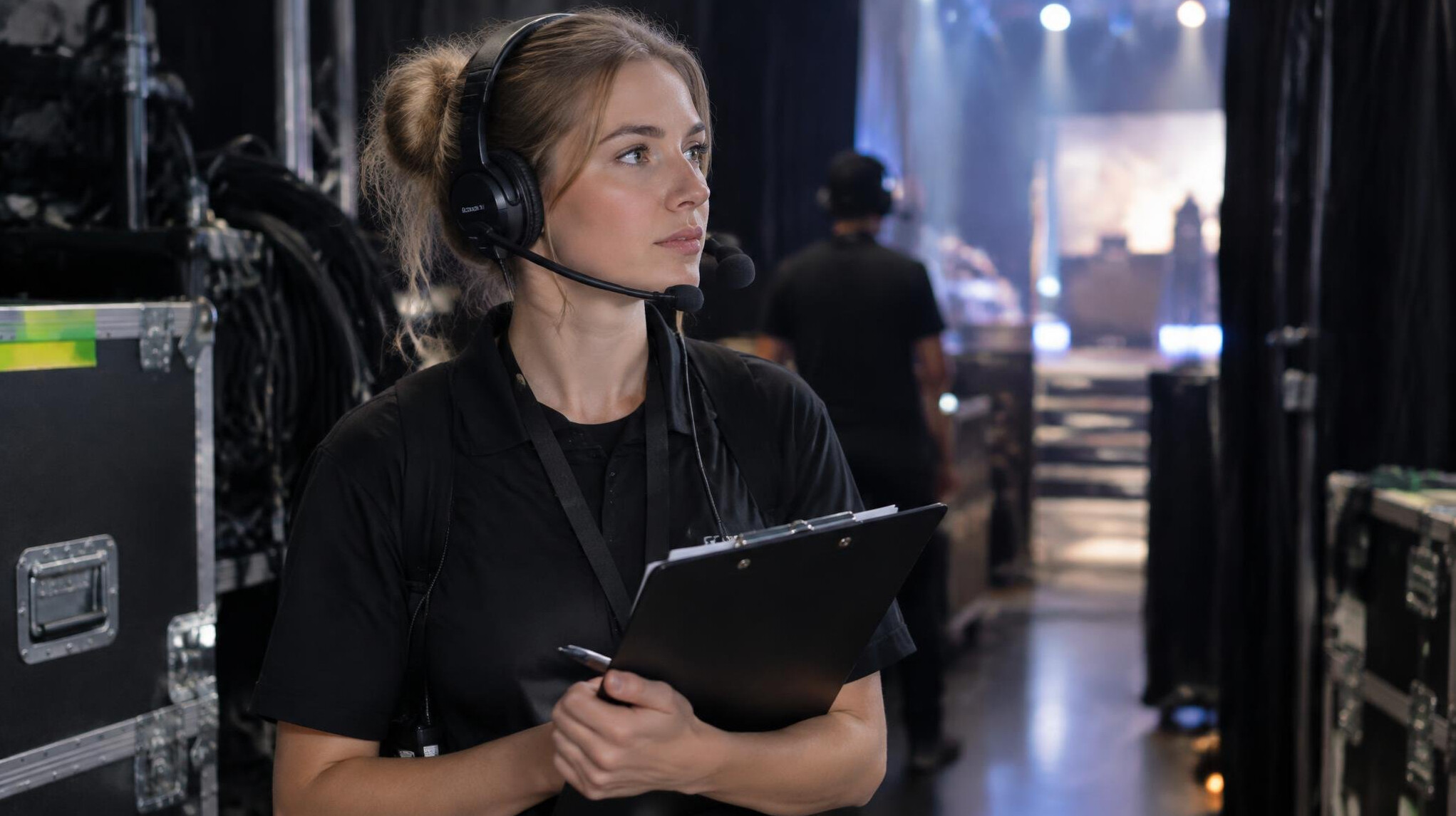 Production assistant with headset and clipboard backstage