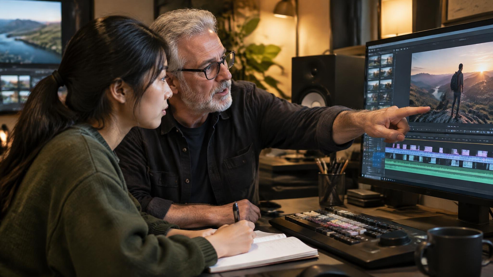 Mentor reviewing footage with a trainee on a monitor
