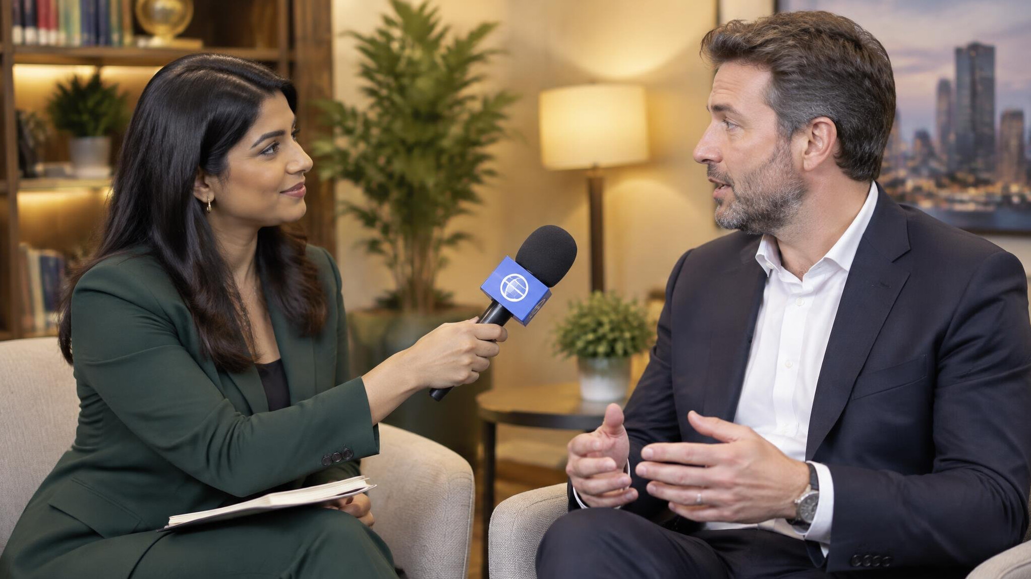 Journalist interviewing a guest with a microphone