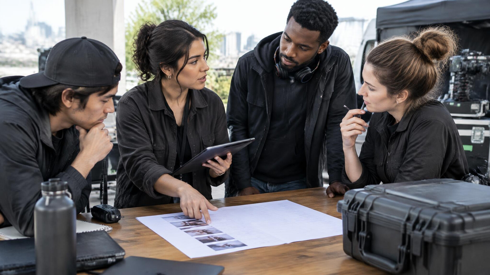Production team briefing before a live shoot