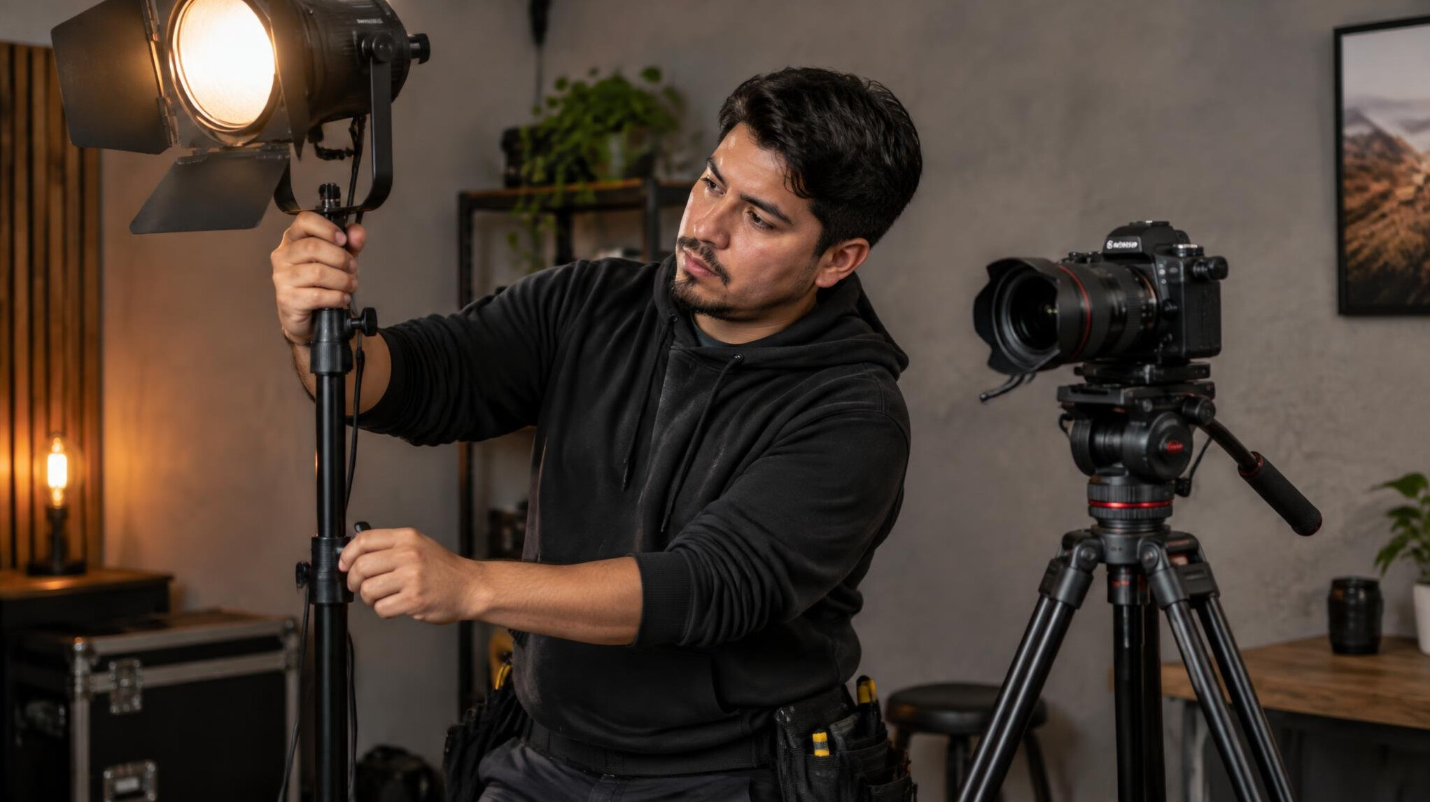 Technician adjusting a camera and lighting setup