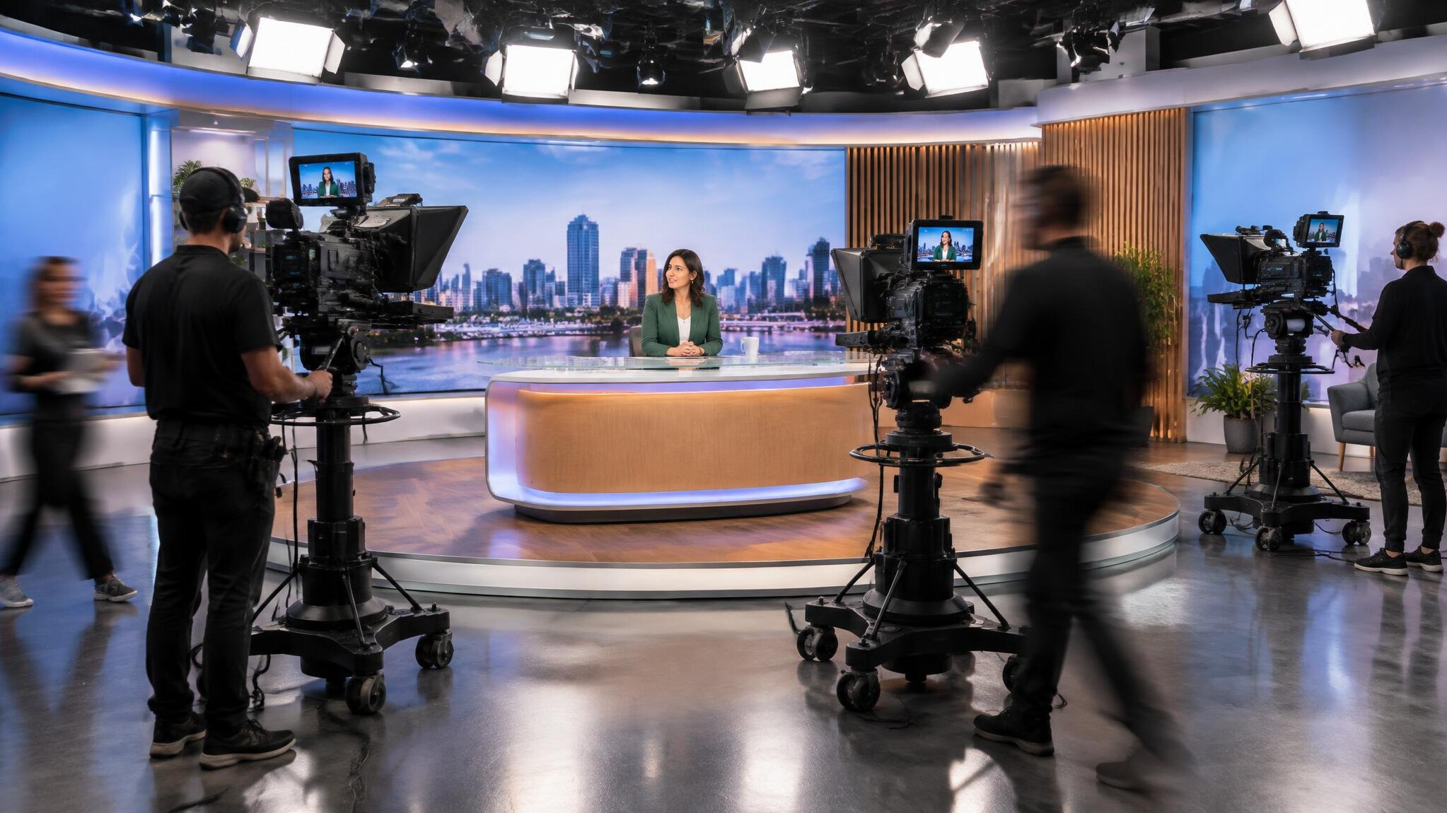Multi-camera studio segment production in progress