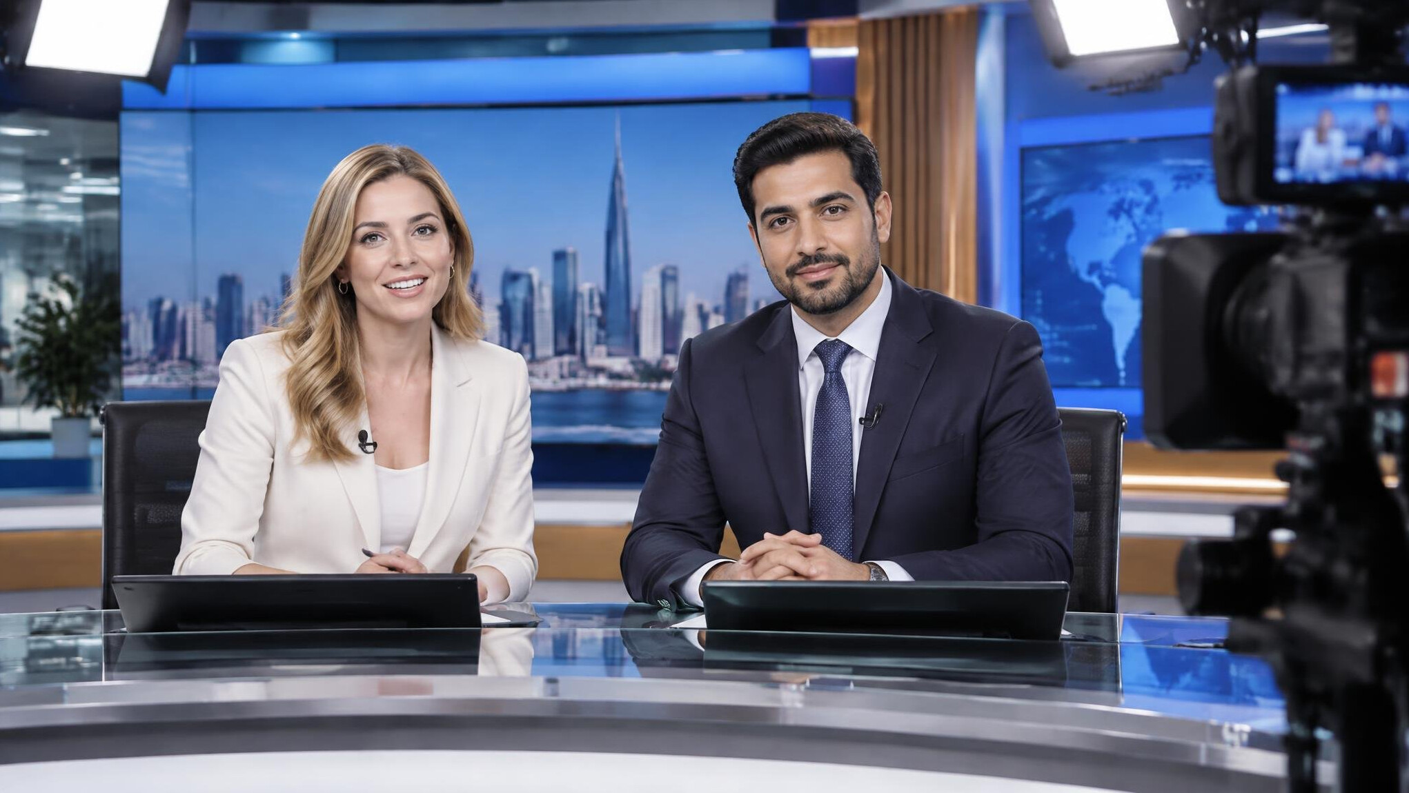 Two hosts presenting a segment on a studio set