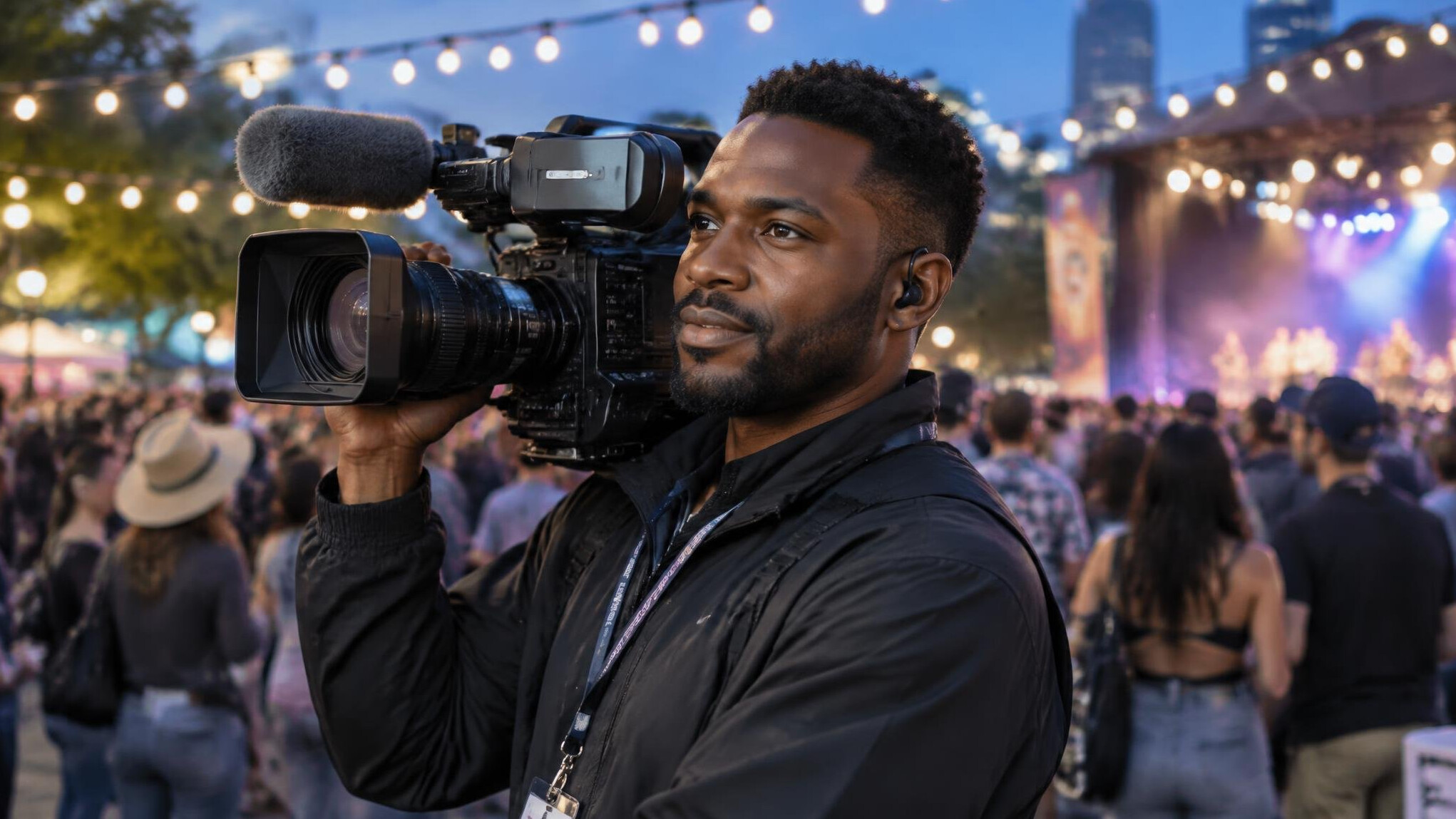 Reporter covering a live public event with a camera