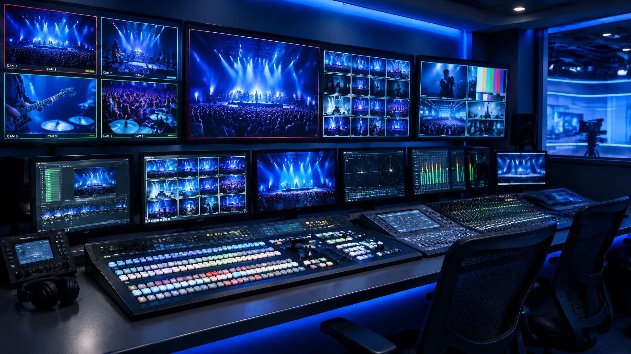 Broadcast control room with multiple video monitors