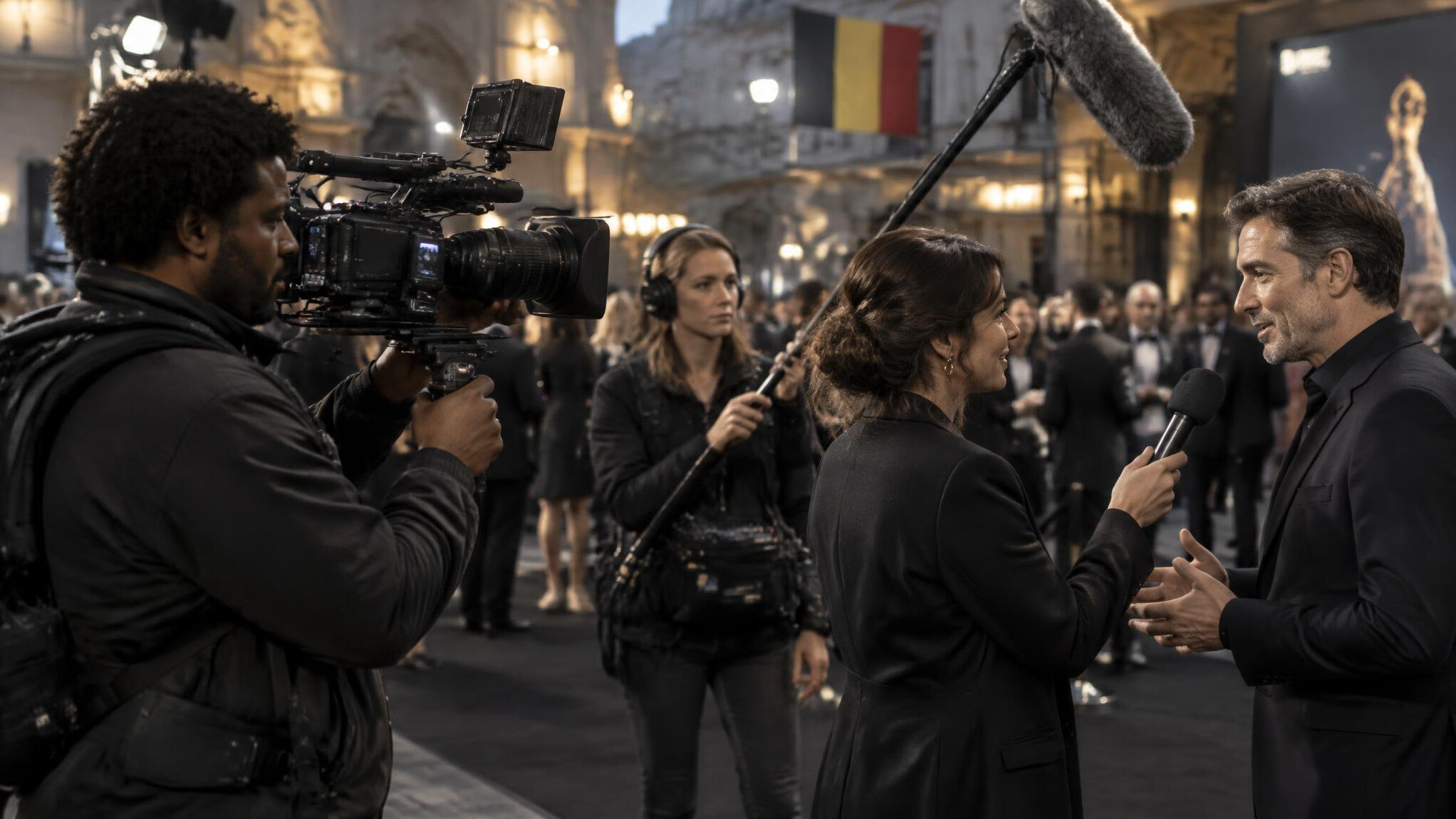 Camera operator filming an interview at a media event
