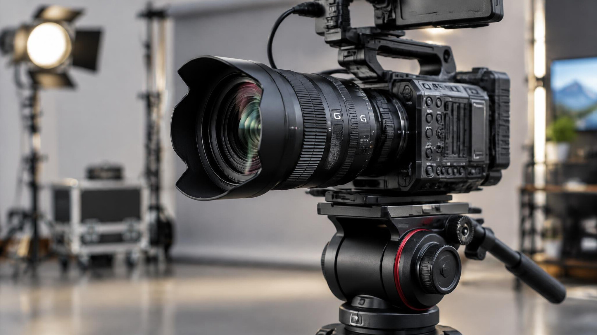 Close-up of a professional camera on a tripod